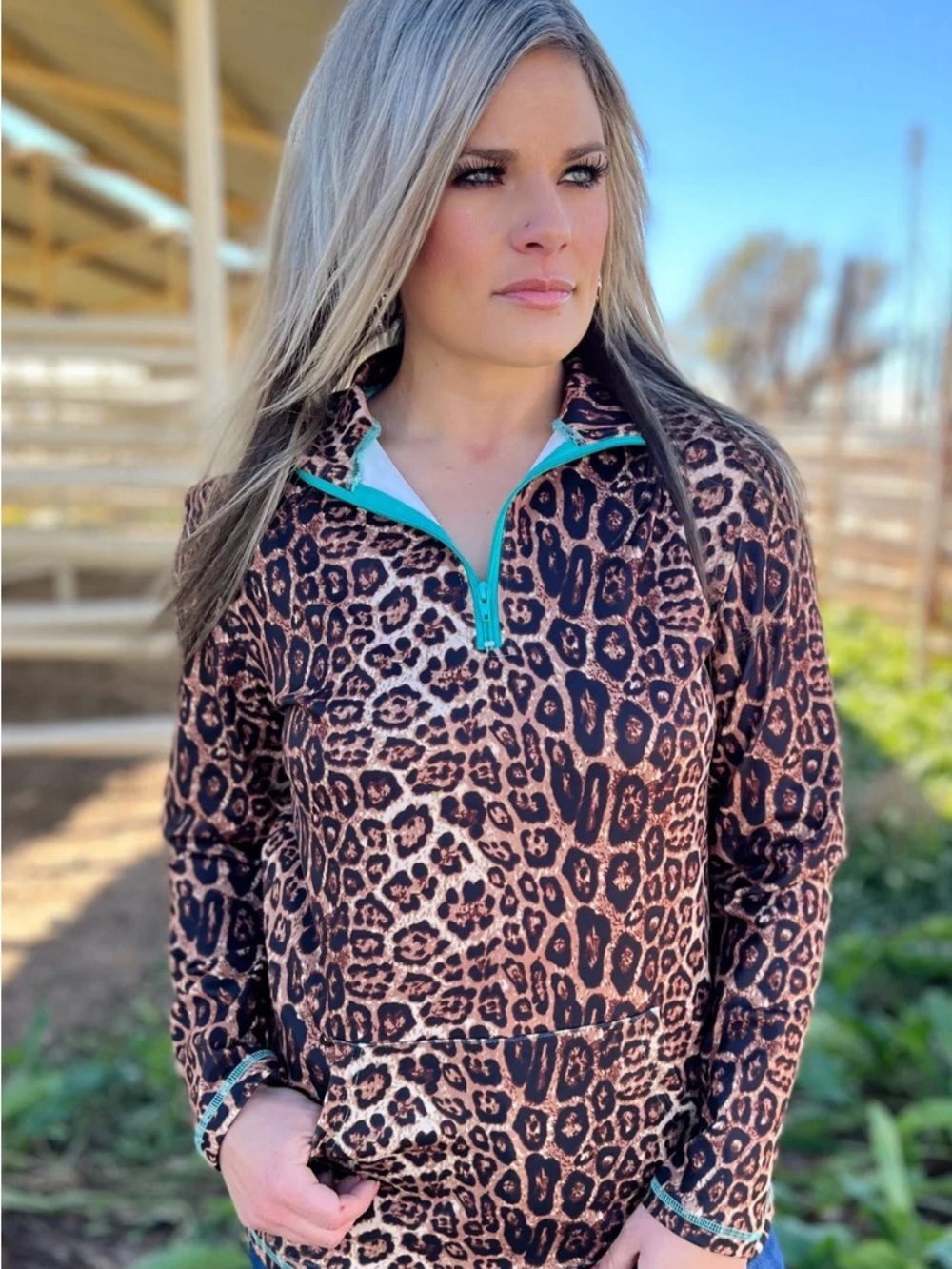 Leopard Print Quarter-Zip Pullover with Turquoise Trim - Women